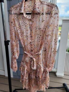 Pleated Floral Pink Tie-Waist Shirt Dress